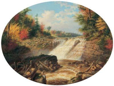 Cornelius Krieghoff A Jam of Saw Logs on the Upper Fall in the Little Shawanagan River [Sic] - 20 Miles Above Three Rivers, oil painting image